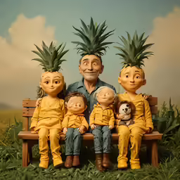 two adults and three children sitting on a bench wearing fake pineapple heads