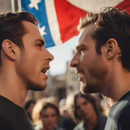 a close up of two men looking at each other