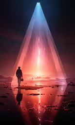 a man with a backpack walks past a large triangle