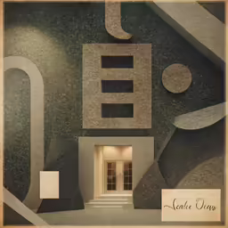 the painting shows stairs and doors leading into the building