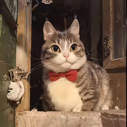 the cat is wearing a red bow tie