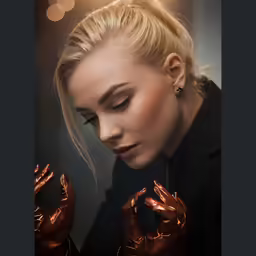 a woman with long blonde hair in a black shirt wearing gold gloves