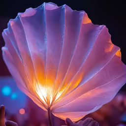 someone holding a pink light up to a flower