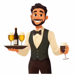 the man is holding a tray of beer