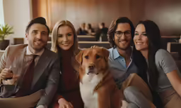 a group of people are sitting on a couch with a dog