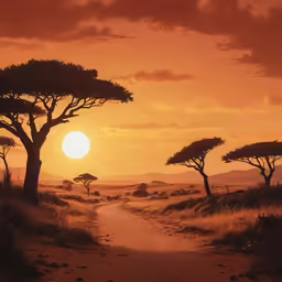 the sun is setting behind several trees in the savannah