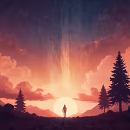 a silhouetted man is standing on a field with the sun setting behind,an image of a person standing in the distance