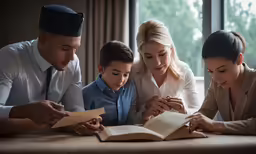 family reading together an interesting book at home