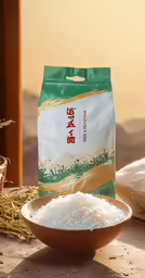 a bag of rice in a bowl next to rice stalks