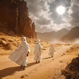 the three men are in white walking away from the camera