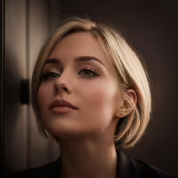 a beautiful blond woman in black jacket looking away