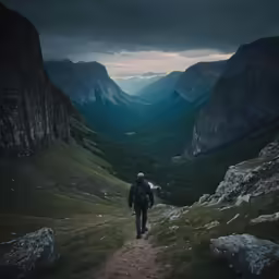 a man walks along the edge of a mountain slope