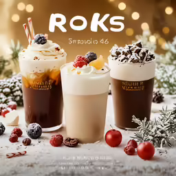 a group of three coffee drinks with cherry and blackberries in them