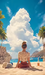 a girl sitting in the sand looking at a sky filled with clouds