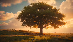 a large tree standing on the side of a lush green field,a beautiful tree in a grassy area under the sun