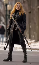 a woman with an automatic rifle posing for a photo