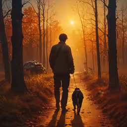a man walks his dog down the street as the sun sets,a man walking with a dog at sunset