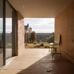 view from the open floor to ceiling windows of a brick house
