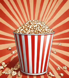an illustration of popcorn in striped bucket,the popcorn was so big that it sat in the big red striped bucket