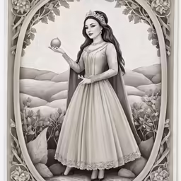 a drawing of a girl holding an apple