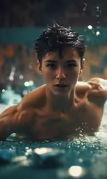 a man in a swimming pool with water flowing on his back