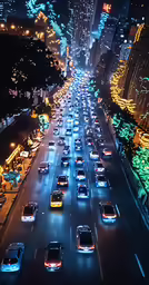 several vehicles driving down a road at night