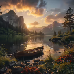 a row boat in the middle of a lake at sunset