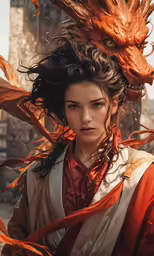 a young woman dressed as a demon with a fire burning dragon on her head