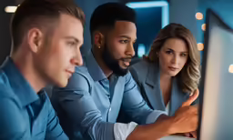 three people are sitting at a computer looking at the screen