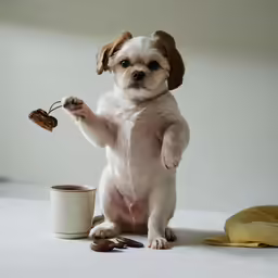 a small puppy is holding an empty cup