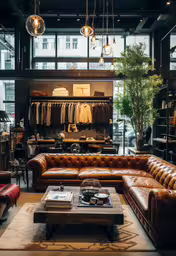 the leather couch in front of the open window is sitting next to a coffee table,an upscale living room designed in a dark fashion shop