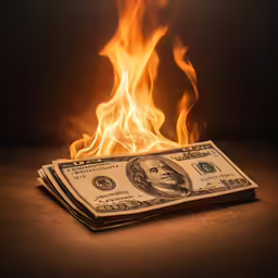 a pile of $ 10 bill burning with money nearby