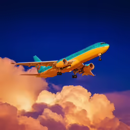 a large commercial plane flying through the clouds