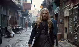 a woman wearing a black jacket and a black dress walking down a city street