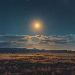 a full moon rises over a field with mountains in the distance,a landscape with many stars in the sky
