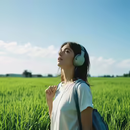 a young lady with earphones on, walking through a field