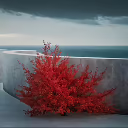 there is a tree next to the cement wall