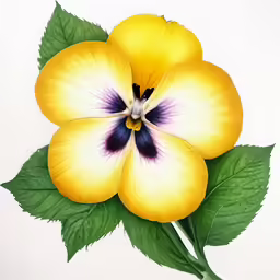 yellow and purple flower with green leaves on white background