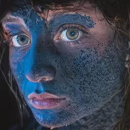 a woman with painted blue makeup looks into the distance
