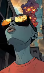 a drawing of a man wearing glasses looking up to the sky
