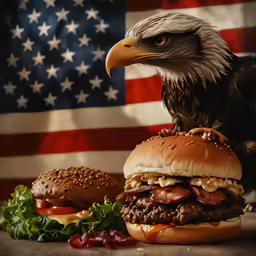 an eagle and a hamburger in front of an american flag