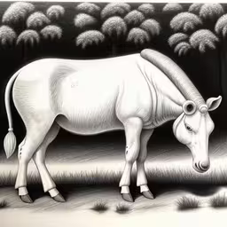 a drawing of a cow that is next to a forest