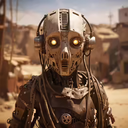 a robot with yellow eyes sitting on the ground
