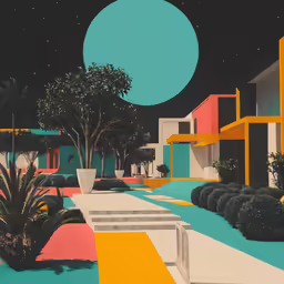 a painting depicting multicolored architecture and plant