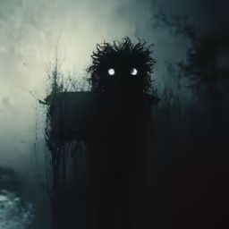 a ghostly man with glowing eyes standing in the dark