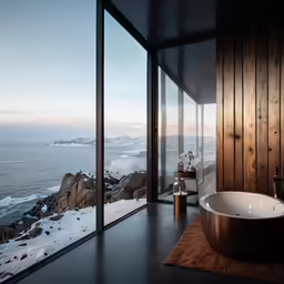 a bath tub in a bathroom near an outside view