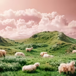sheep graze in the green grass with an overcast sky
