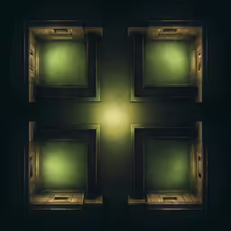 four different views of green squares in the dark