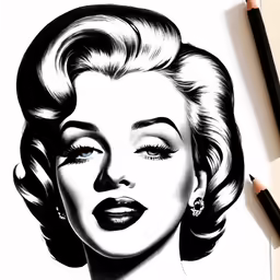 a drawing of marilyn monroe with blue eyes and a large black - and - white image