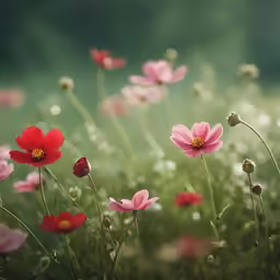 a field full of pink flowers with water droplets
